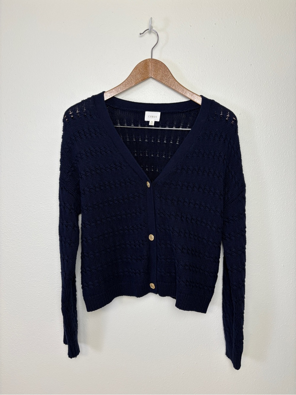 Cyrus Navy Open-Weave Cardigan Cozy Coastal Grandma Nautical